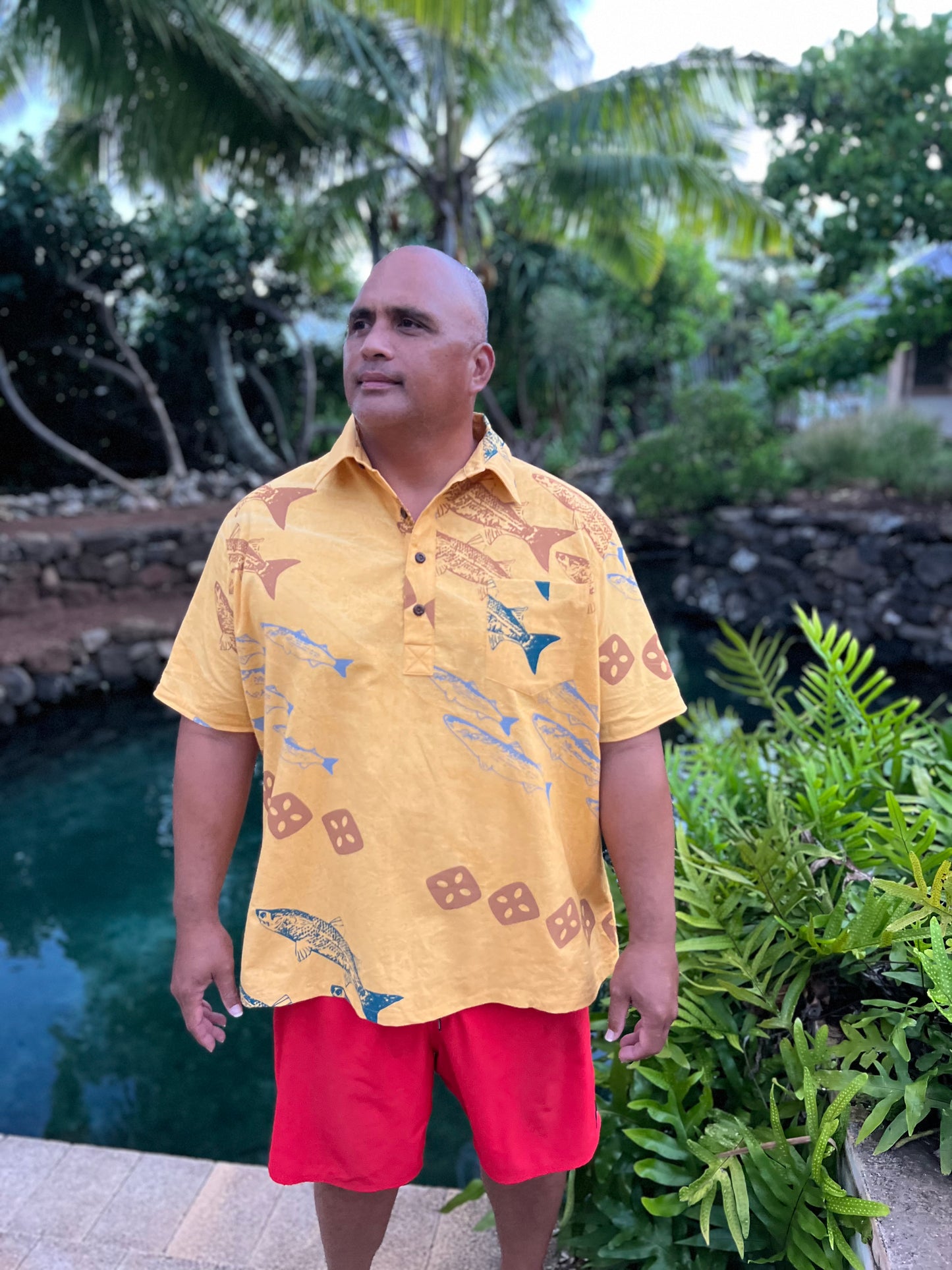 'Anae Holo Button-down Aloha Shirt - Color: Mustard